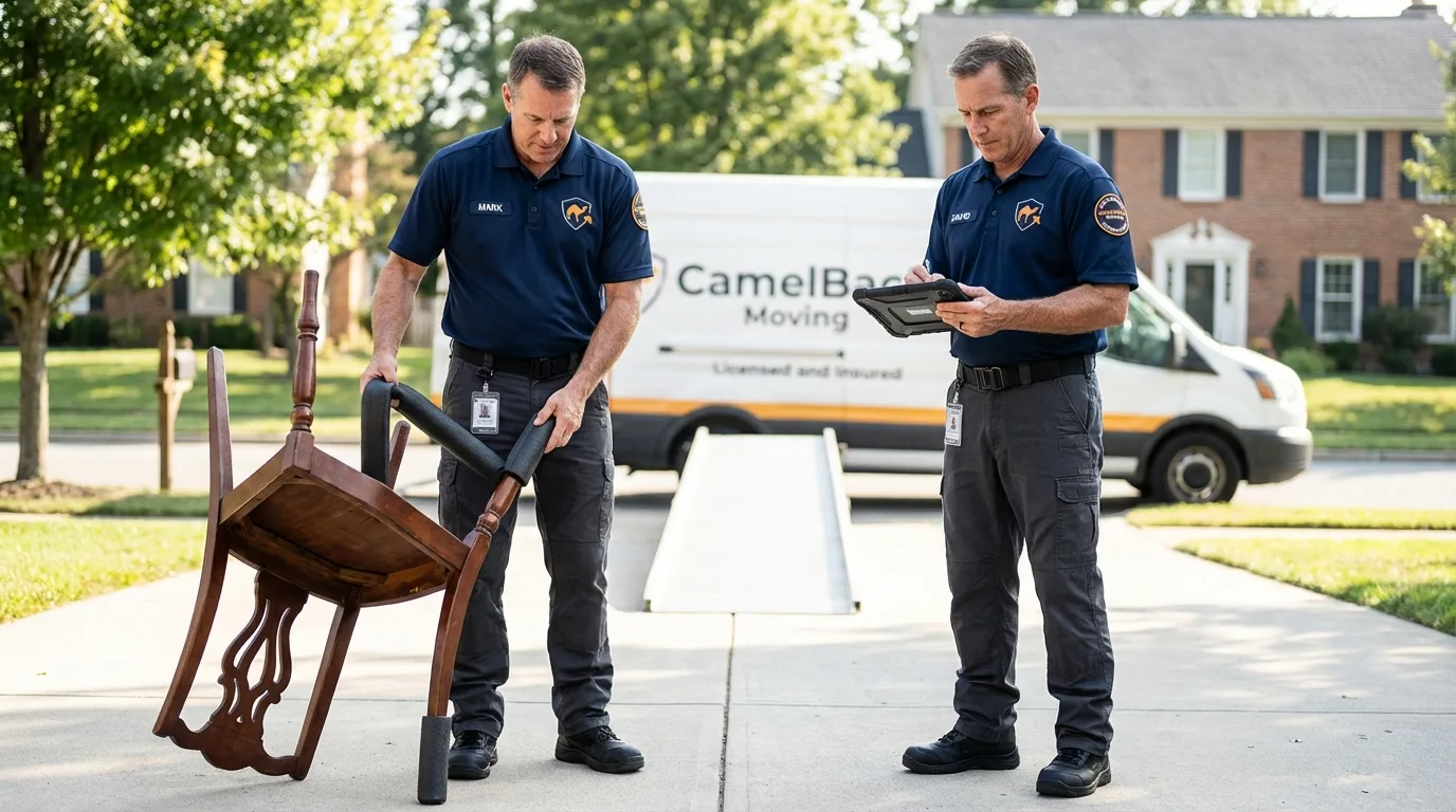 Movers inspecting furniture for damage prevention before loading in Hayneville, AL
