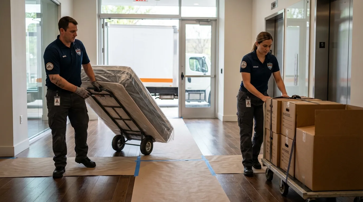 Professional apartment movers loading elevator in Hayneville, AL